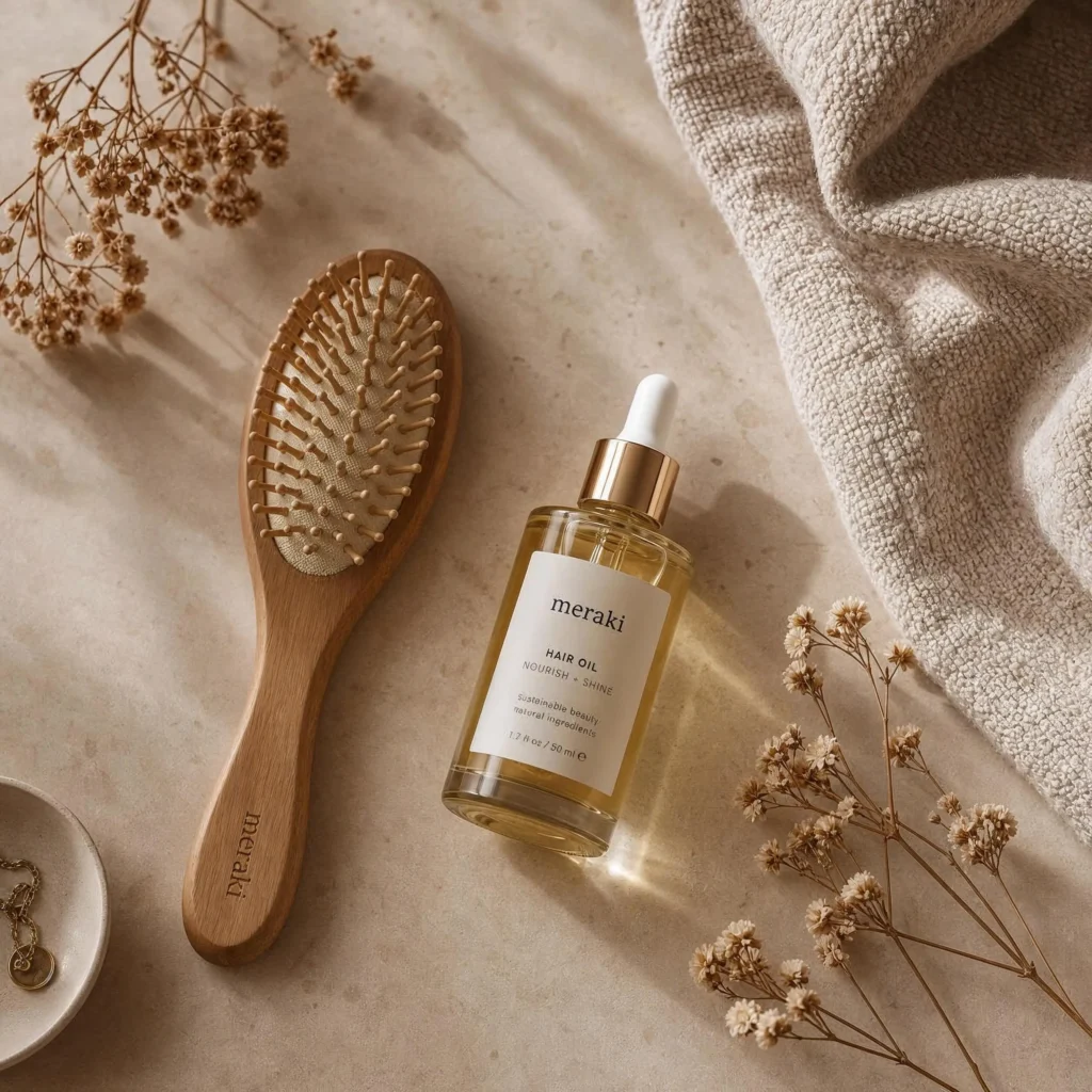 Hair care essentials including brush and oil