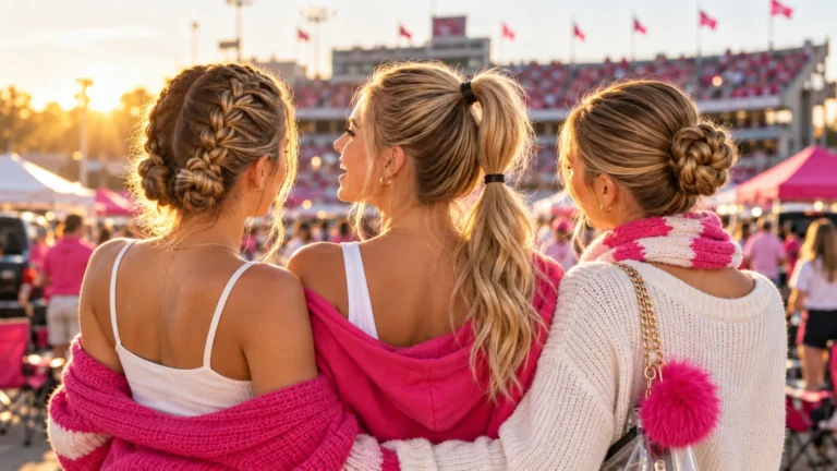 three game day hairstyles: Dutch braids, double elastic ponytail, and braided bun