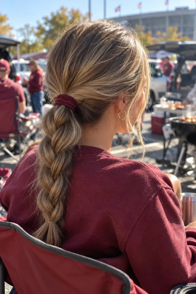 game day hairstyles that actually stay put: low braided ponytail with a bobby pin under the elastic