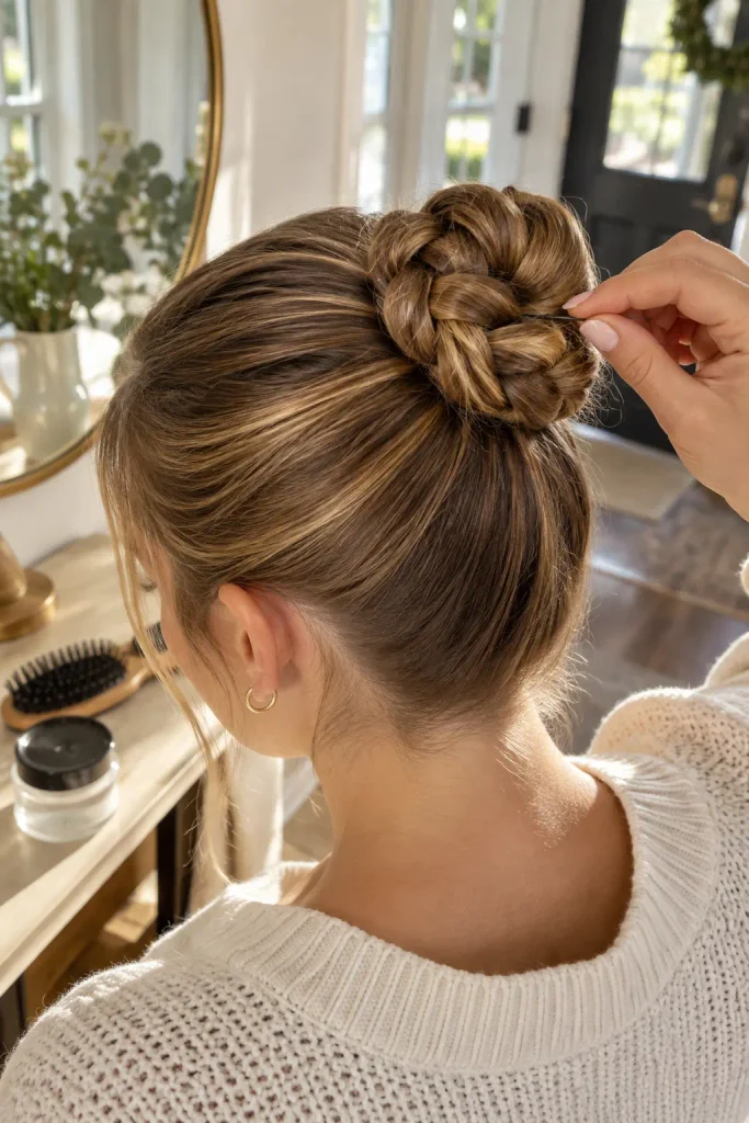 sleek bun with a braid coiled inside, pinned at the base