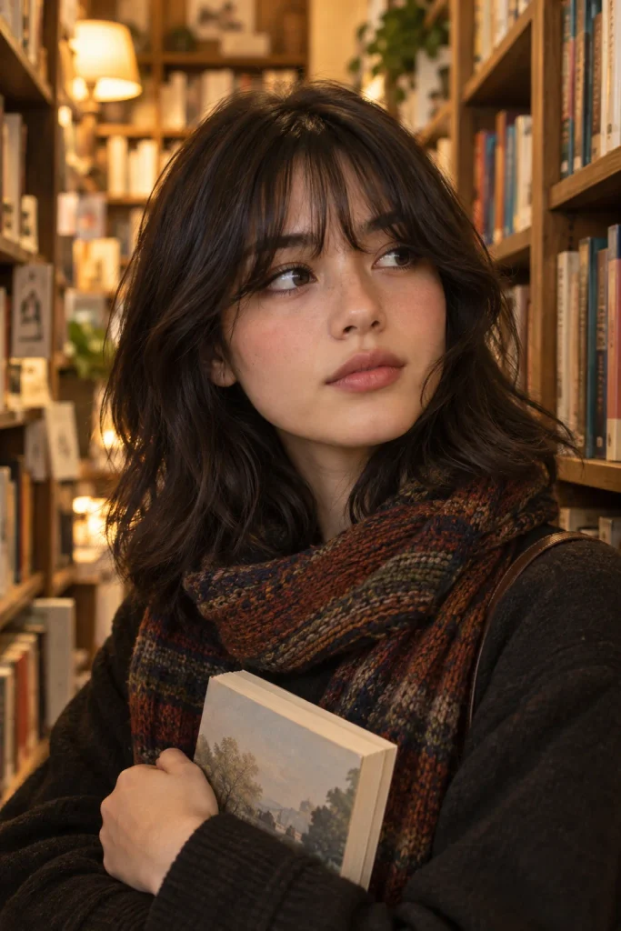 Bottleneck bangs on shoulder-length hair