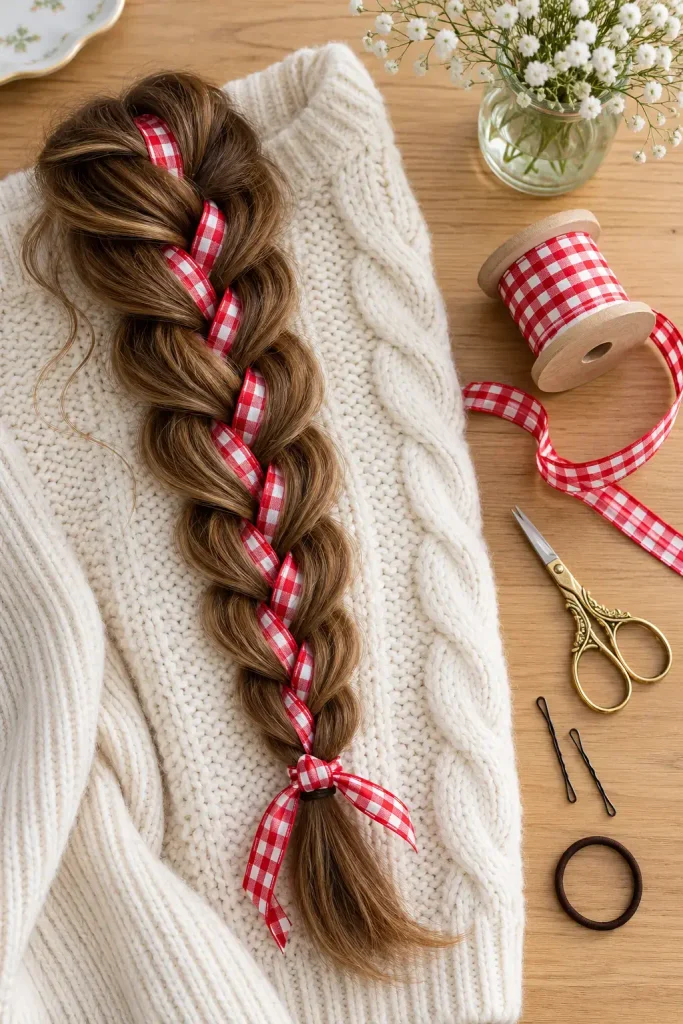 braid with a red and white ribbon knotted at the elastic