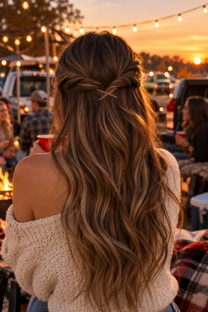 half up twist held with two bobby pins crossed in an X