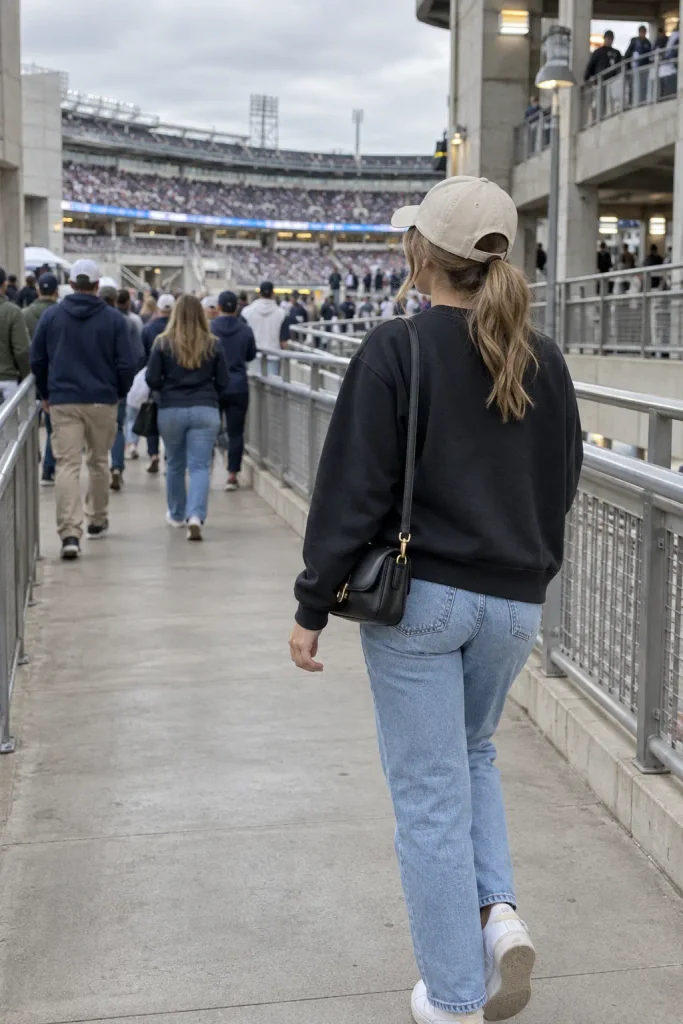 low ponytail sitting below the strap of a baseball cap