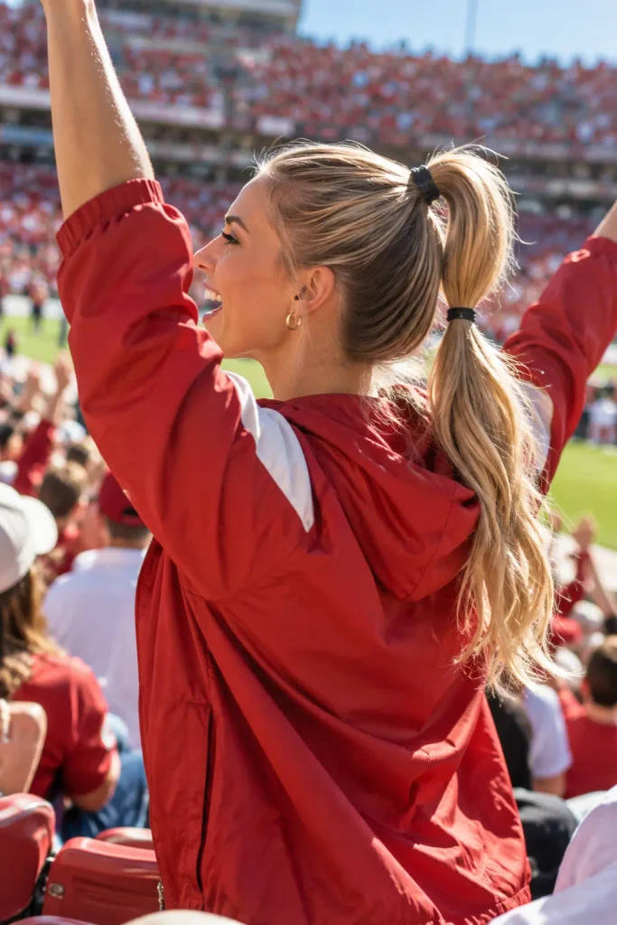 high ponytail with a second elastic two inches down the tail