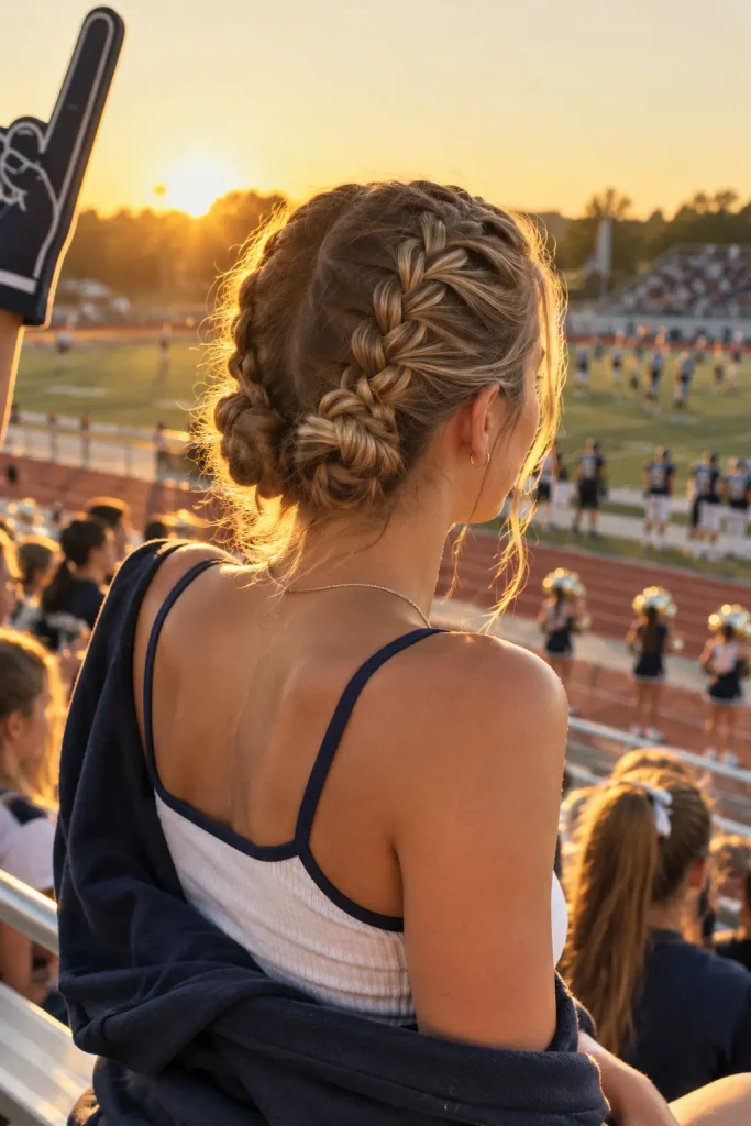 two Dutch braids pinned flat on the bleachers