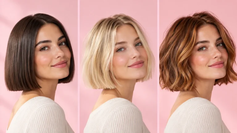 Three women with the same chin length bob on straight, fine, and wavy hair, showing why the same haircut looks different
