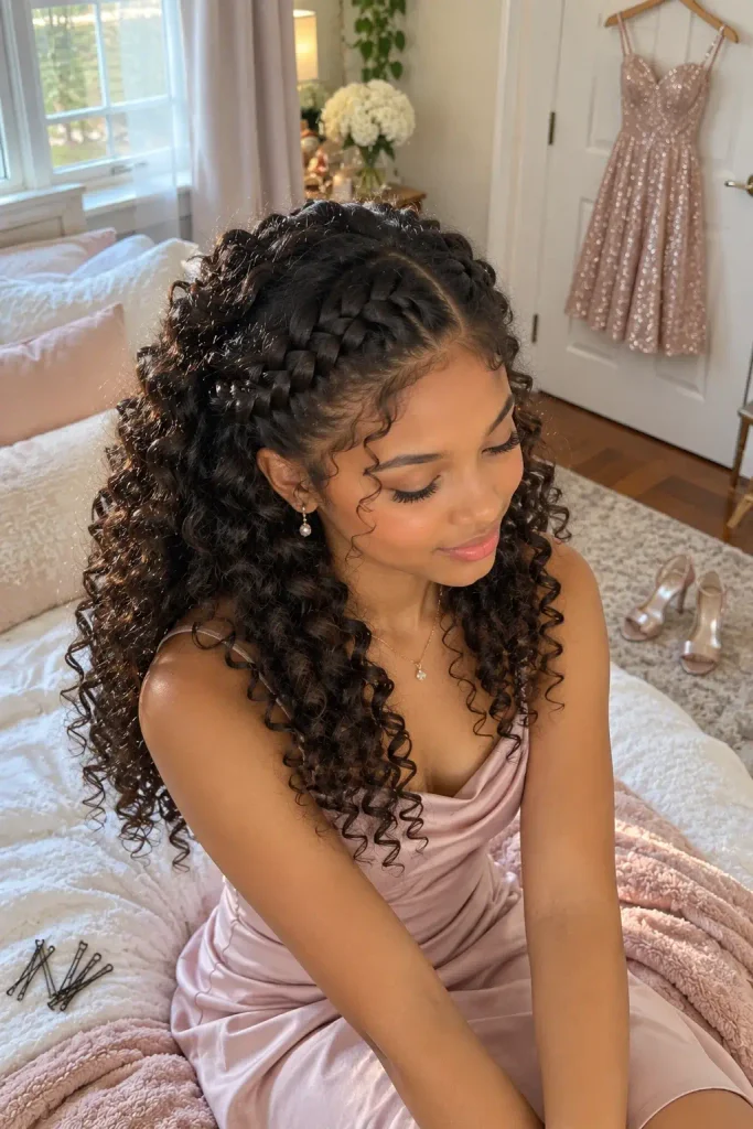 A Braided Crown With the Curls Left Loose Behind It