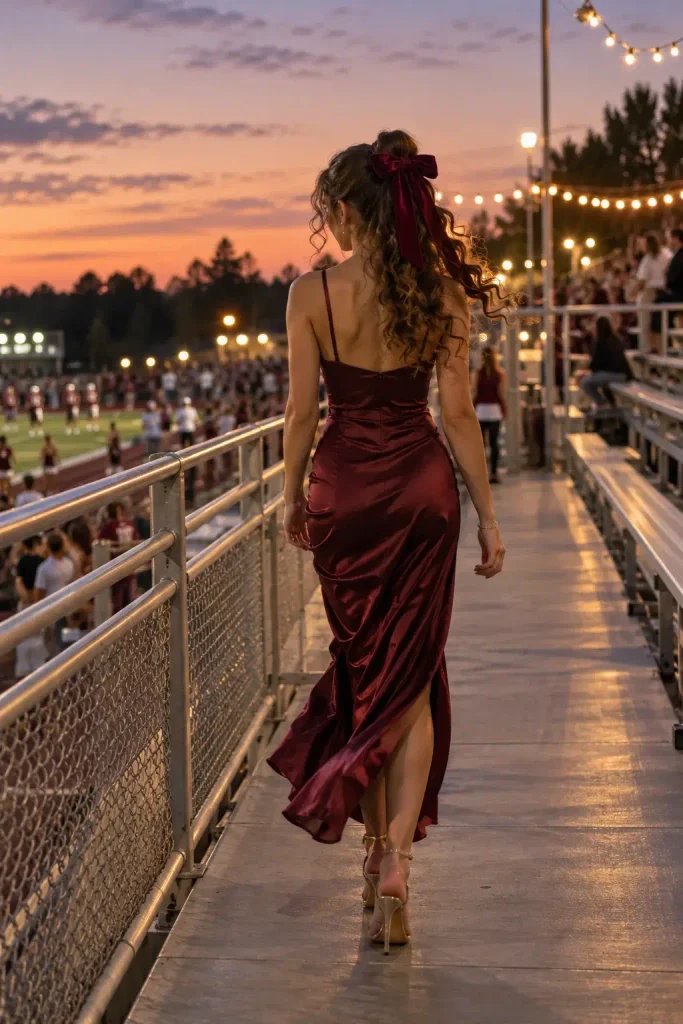 A High Curly Ponytail Wrapped With a Velvet Ribbon