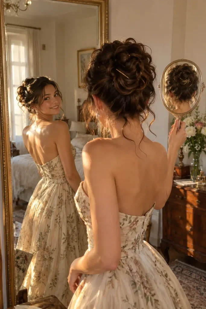 A Pinned Curly Updo for Strapless and Sweetheart Necklines
