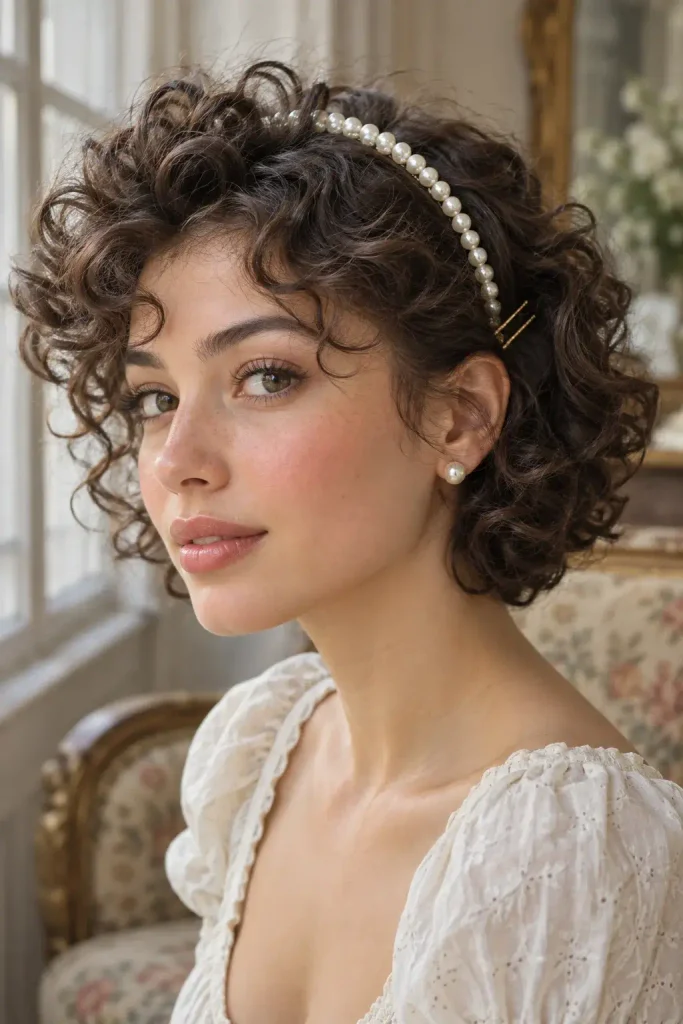 Chin Length Curls Held Back With a Pearl Headband