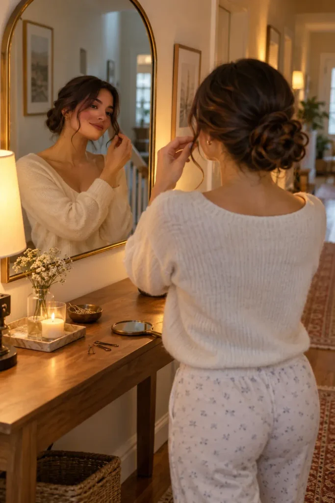 A Low Curly Bun With Tendrils Pulled Out at the Front