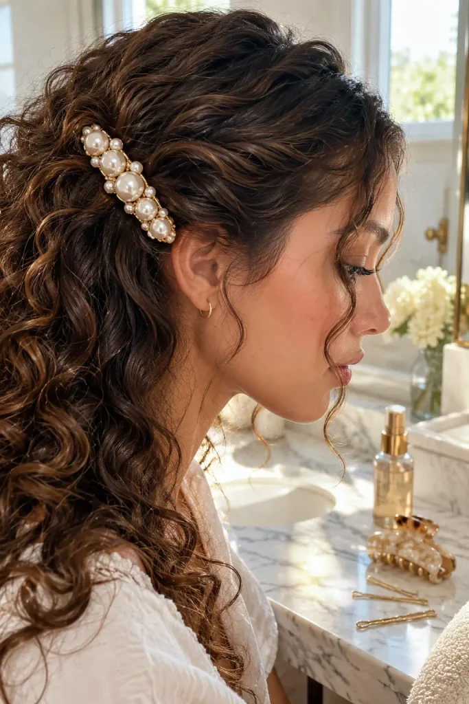 Side Swept Curls Pinned Under a Statement Barrette