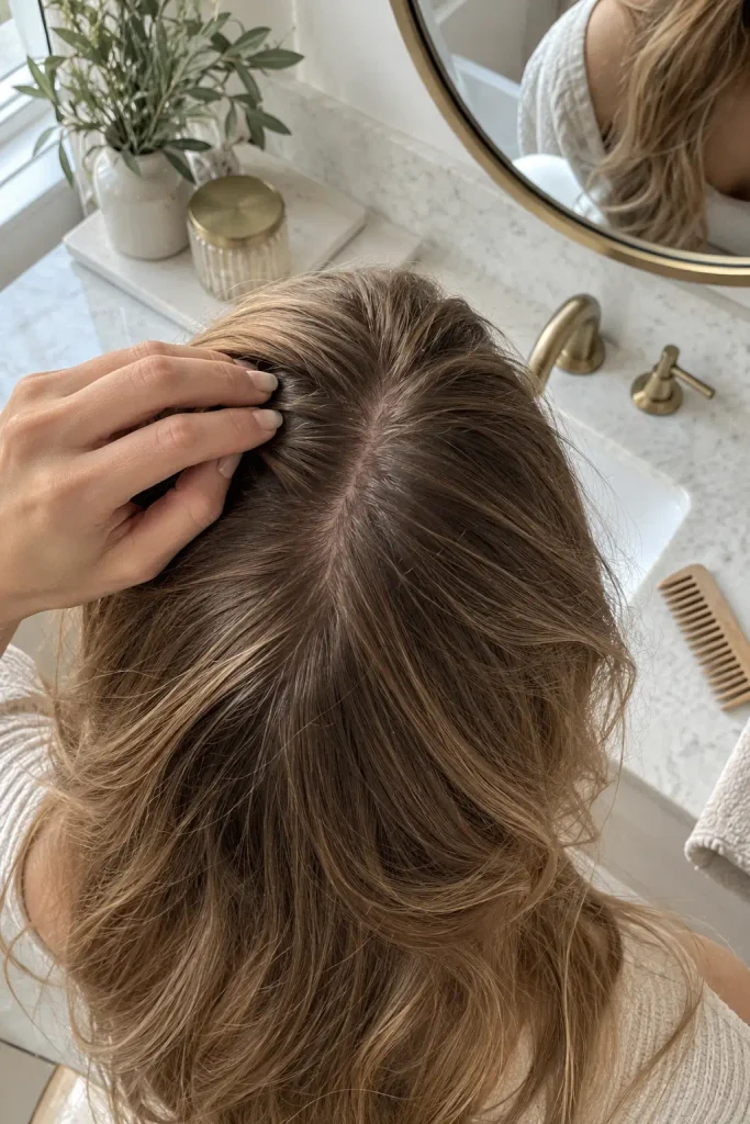 Hand parting blonde hair at the crown to check hair density and how much scalp shows