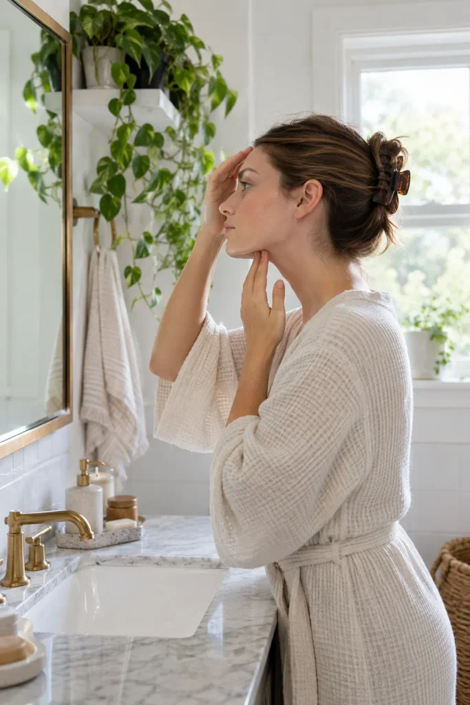 Woman with her hair clipped back checking her forehead and jawline in a bathroom mirror