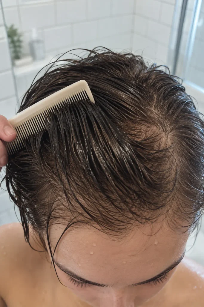 Close up of damp hair at the front hairline with a cowlick and a fine tooth comb