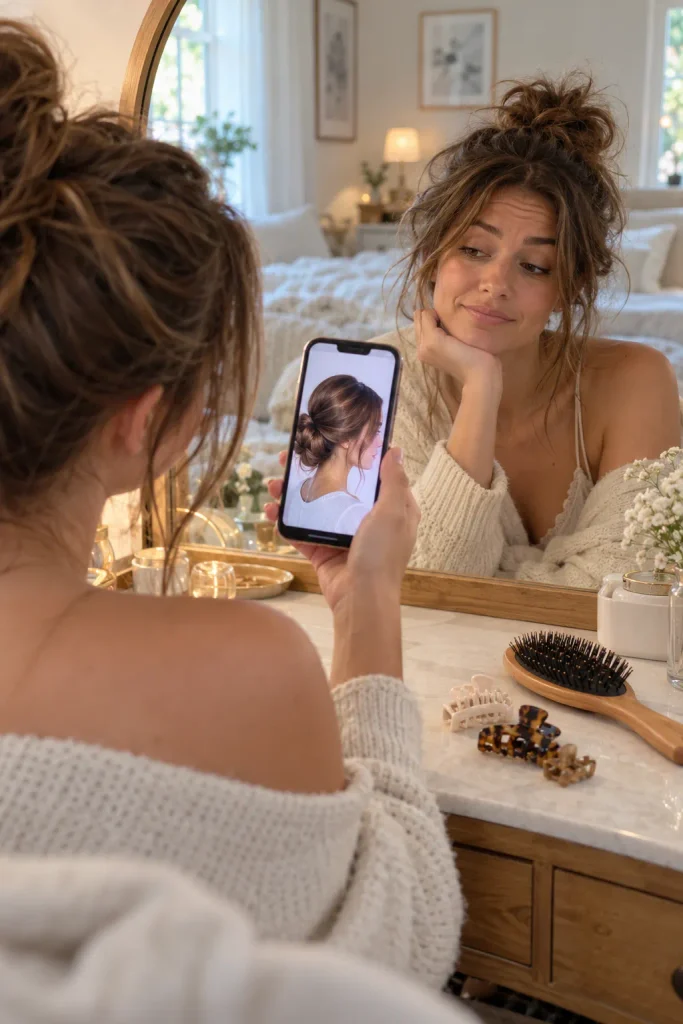 Woman comparing a glossy styled haircut on her phone with her own hair in the mirror