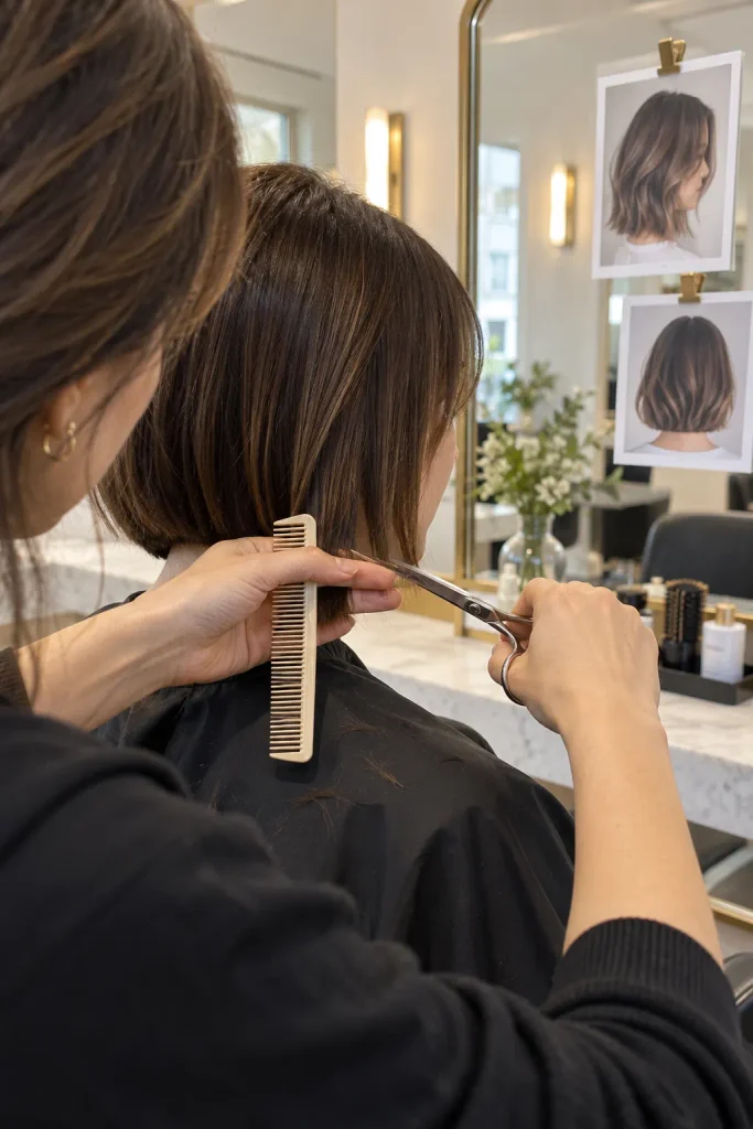 Stylist cutting an angled section at a client’s jaw with two reference photos clipped to the mirror