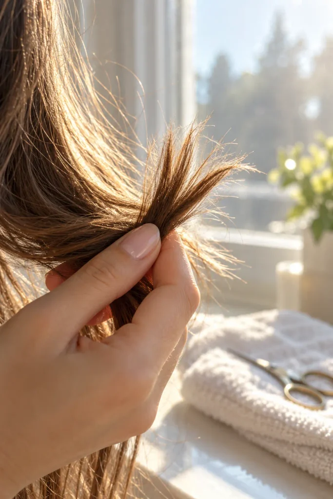 Close up of a hand holding long hair ends up to the light to show frayed tips