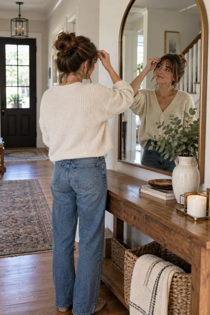 Woman pinching grown out bangs while looking at herself in a hallway mirror